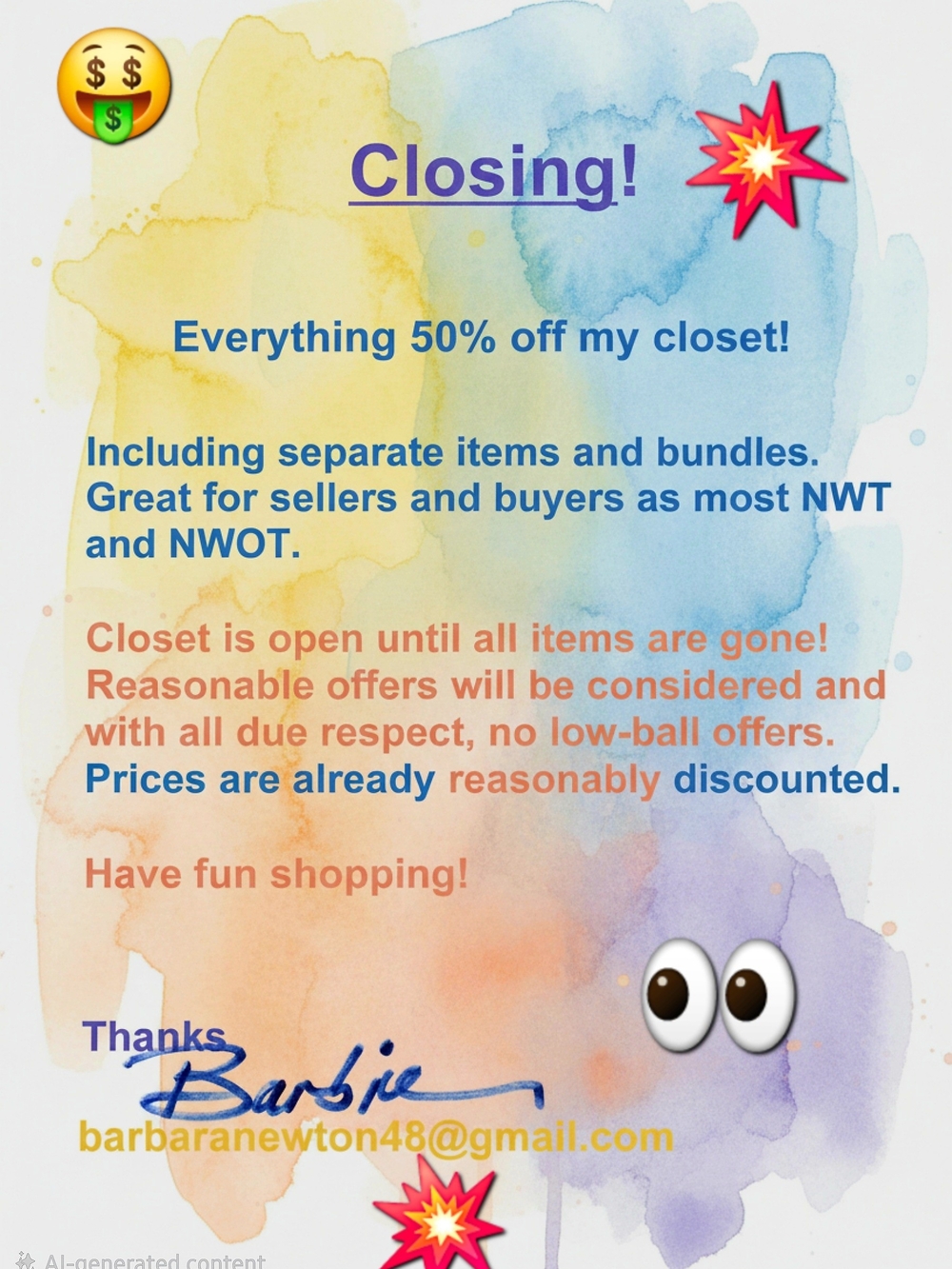 Closing Sale Poster - Multicolor Watercolor Graphic